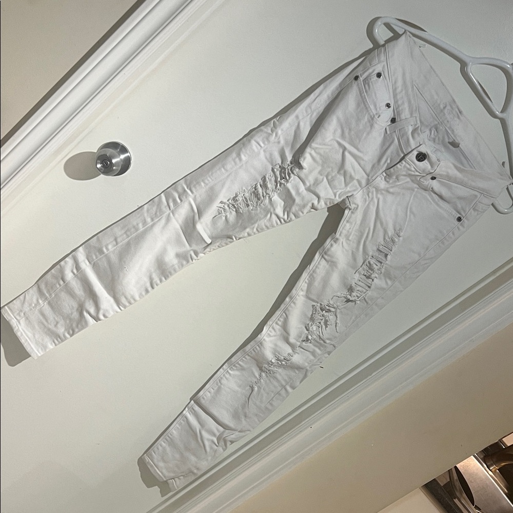 bebe White Distressed Straight Leg Jeans with Rhinestones